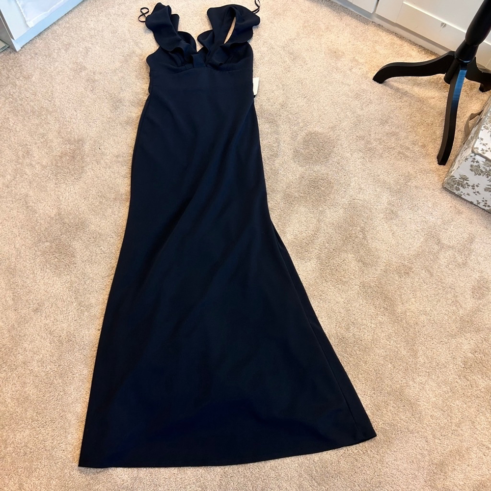 Lulu’s navy blue ruffle frill V neckline sleeveless pleated mermaid maxi dress M - Picture 10 of 16